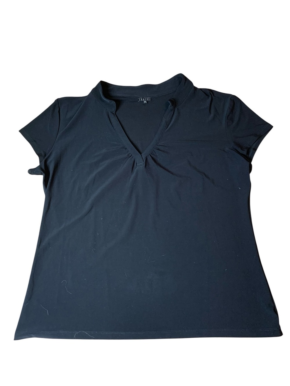 Ispiri Short Sleeve V-Neck Collared Top Black Plus Size 2XL